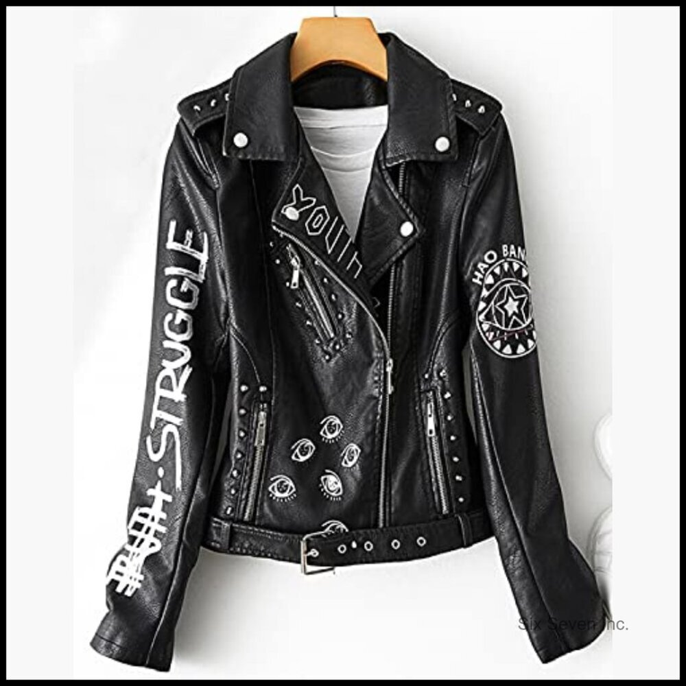 Faux Leather Punk Biker Jacket with Belt and Rivet Decoration - Picture 5 of 7